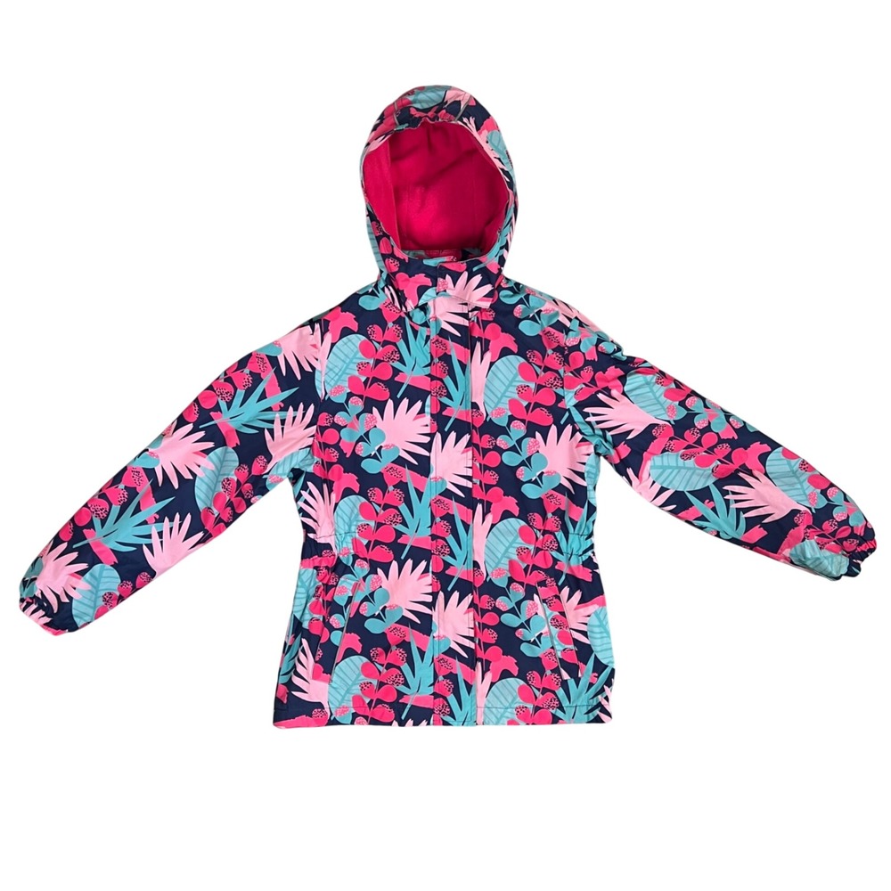 Girls Tropical Floral Hooded Rain Jacket Navy Pink Teal Size 12 Heart Zip‎